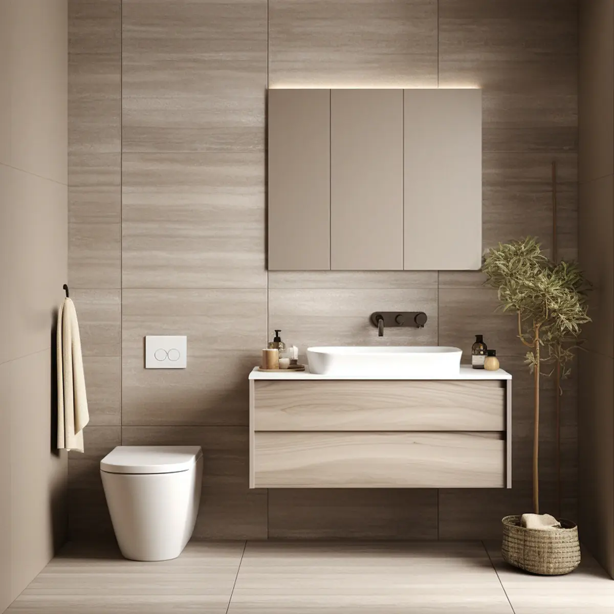 Bathroom with timber-look tiles and a vessel basin