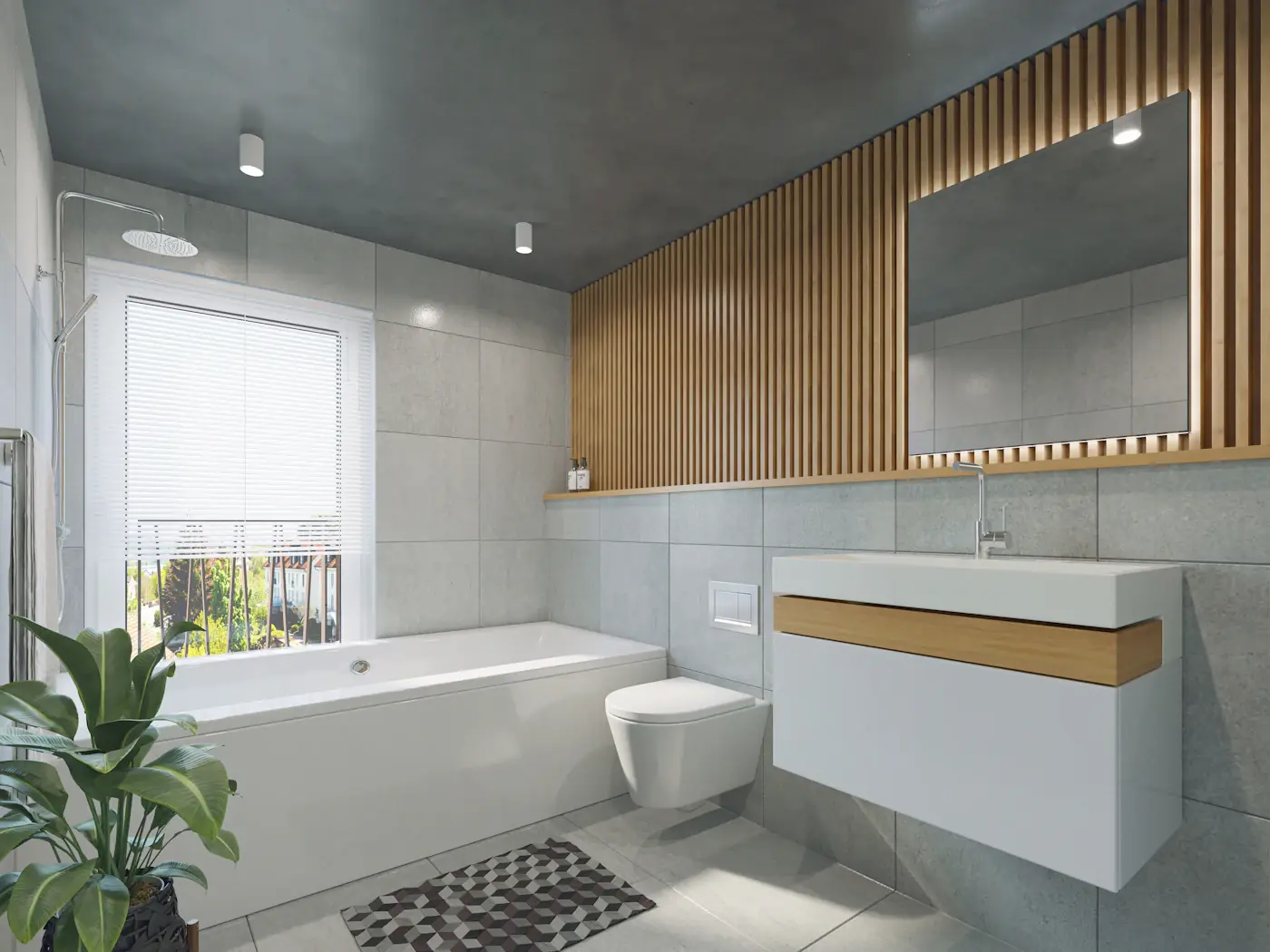 Bathroom with bath, timber slats and a wall-hung vanity