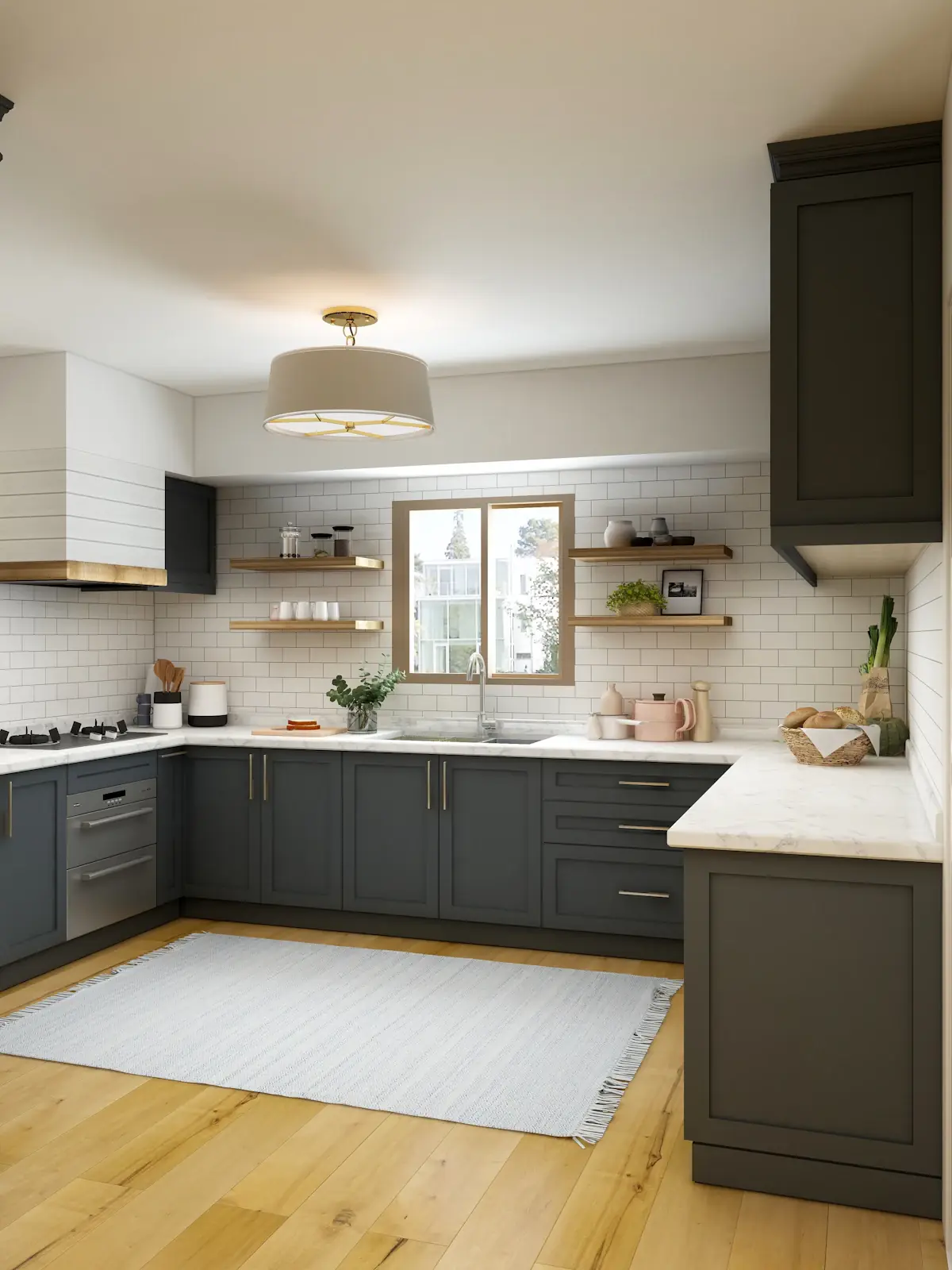 Kitchen with open timber shelves and white tiles